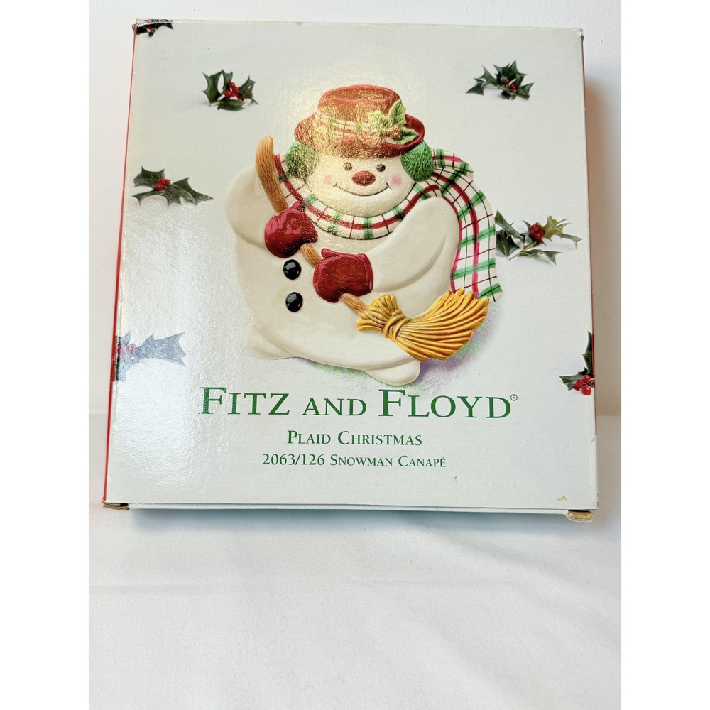 Fitz & Floyd White Red Green Snowman Plaid Christmas Serving Small Plate